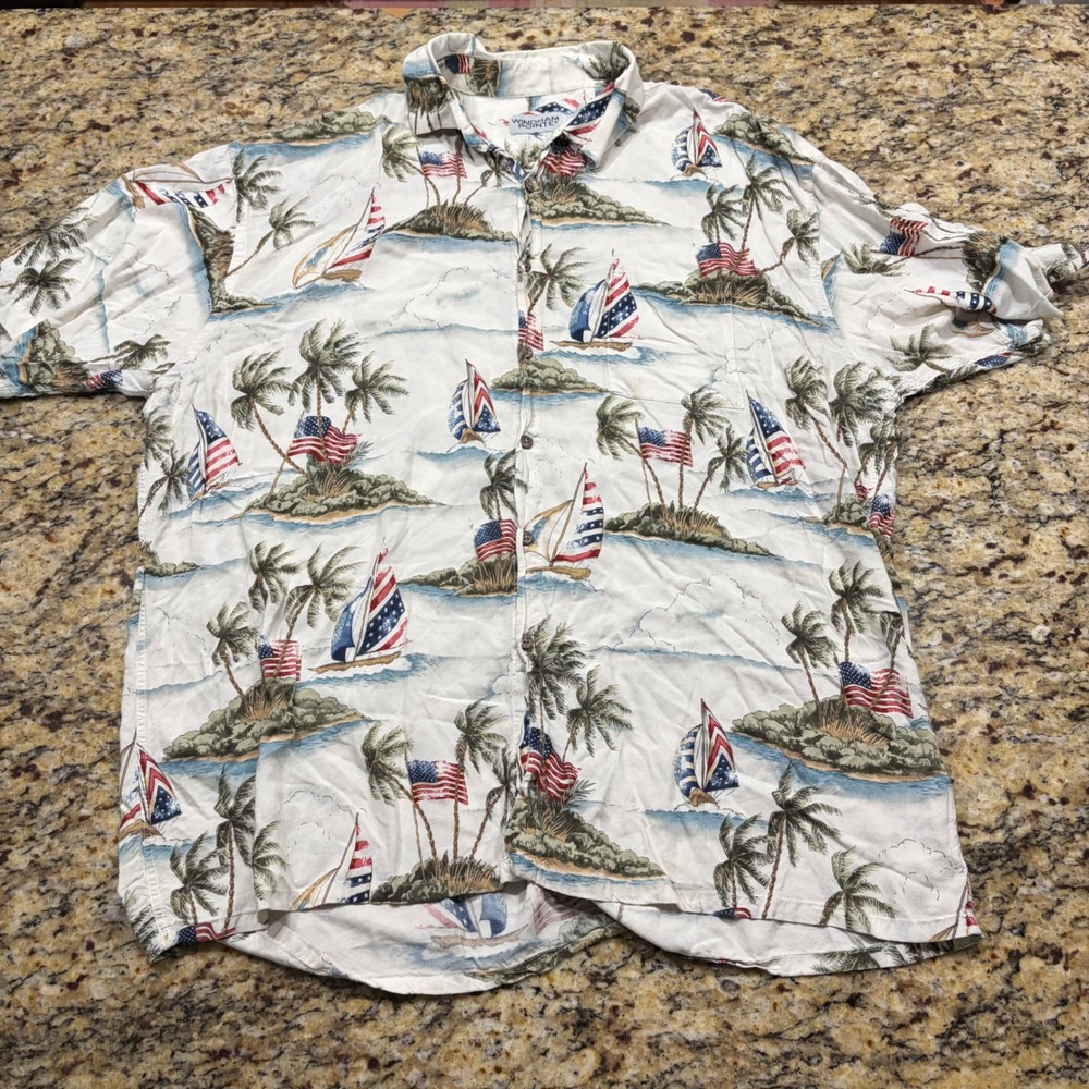 Windham Pointe Mens XL  Hawaiian Shirt American Flag Sailboat Tropical tan